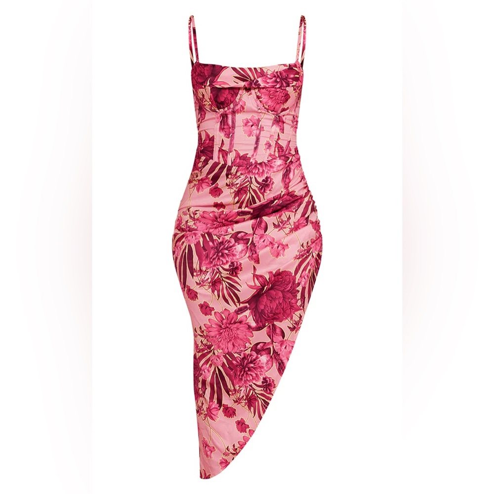 Pink Abstract Floral Print Corset Style Asymmetric Hem Midi Dress